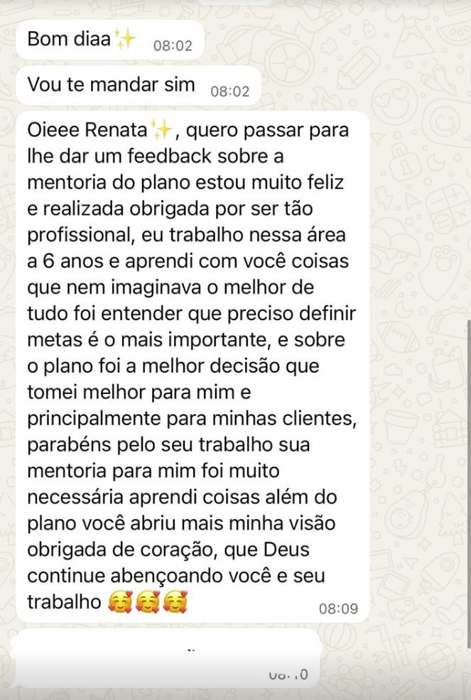 Mensagem de aluna sobre a mentoria